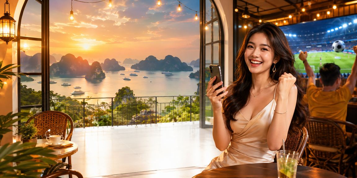 Người dùng Việt Nam tham gia trò chơi bài trực tuyến tại khu vực Hạ Long với khung cảnh thiên nhiên hùng vĩ