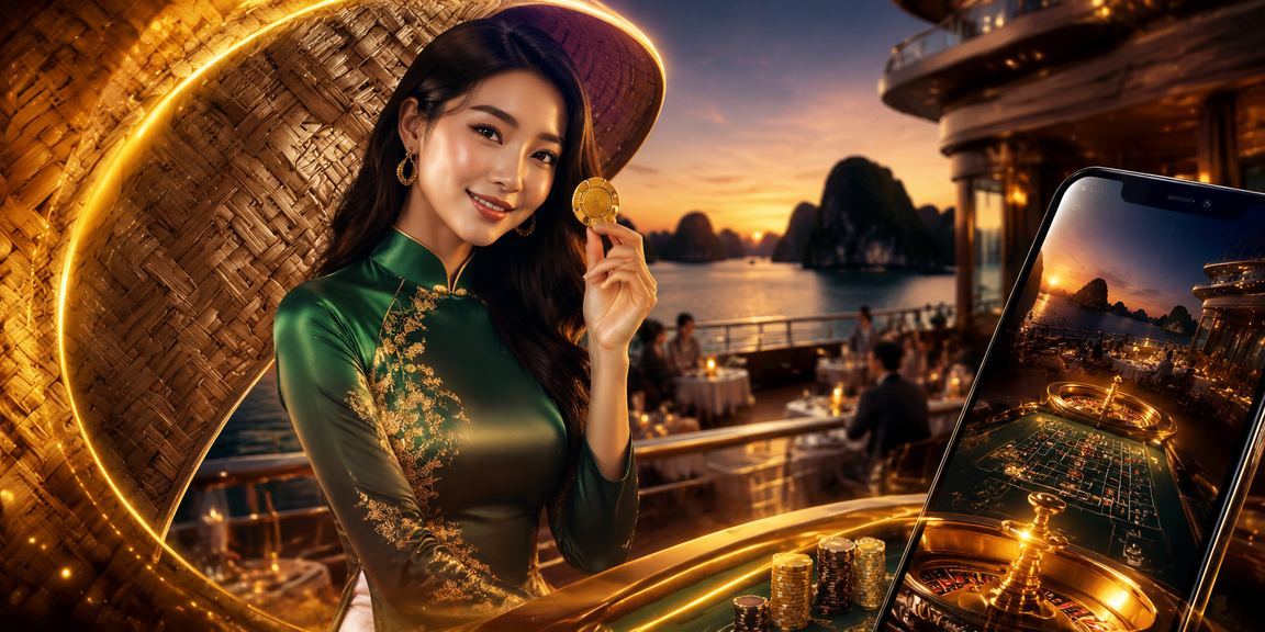 Người dùng trải nghiệm casino di động tại vịnh Hạ Long với chiếc nón lá truyền thống